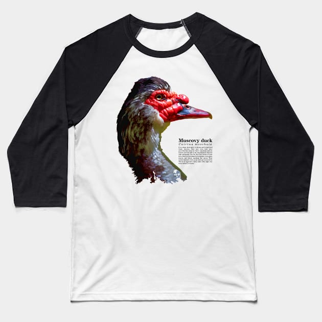 Muscovy duck head black text Baseball T-Shirt by Ornamentum